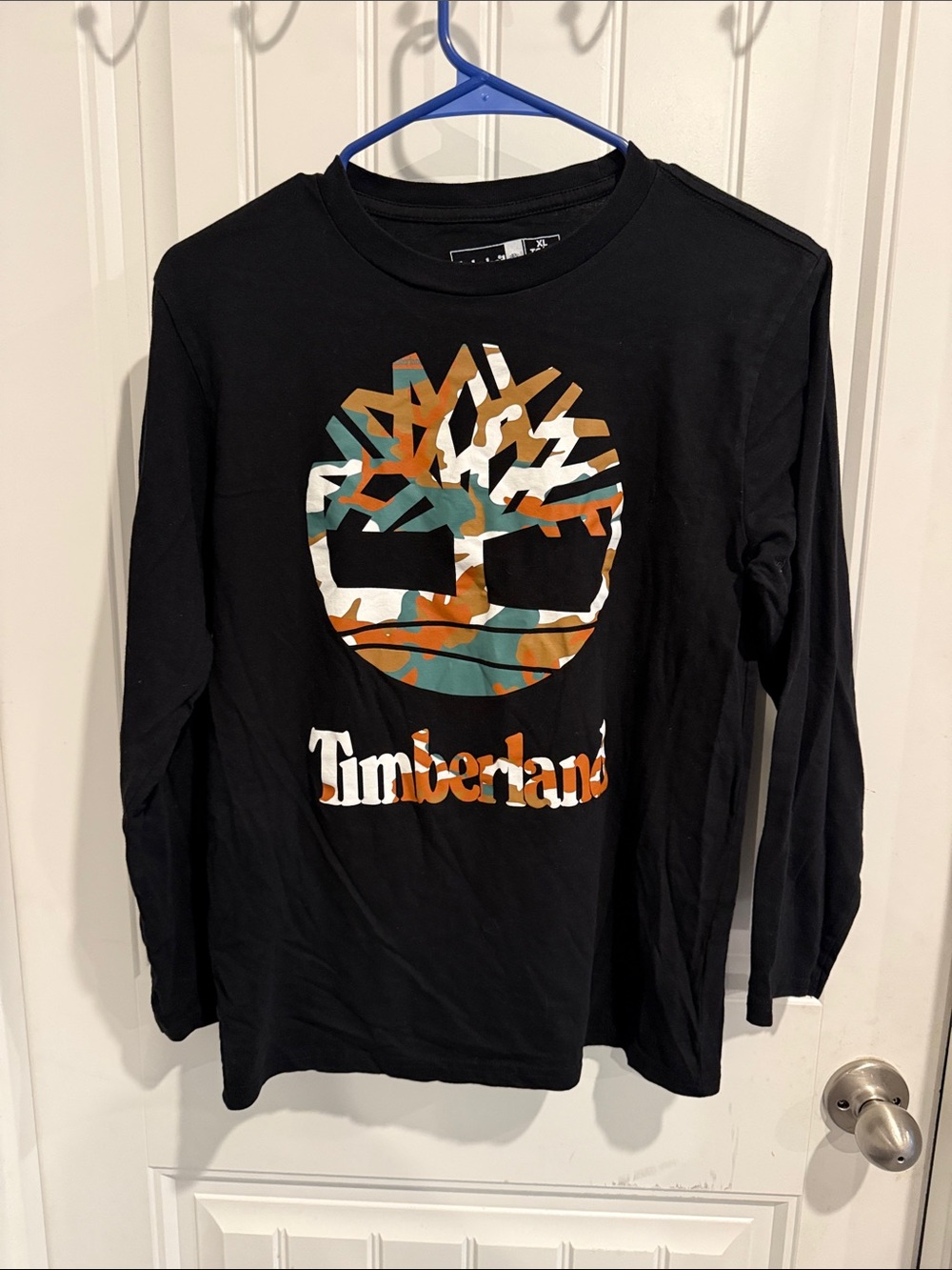 Timberland Black Long-Sleeve Tee with Orange, Green & White Camo Logo